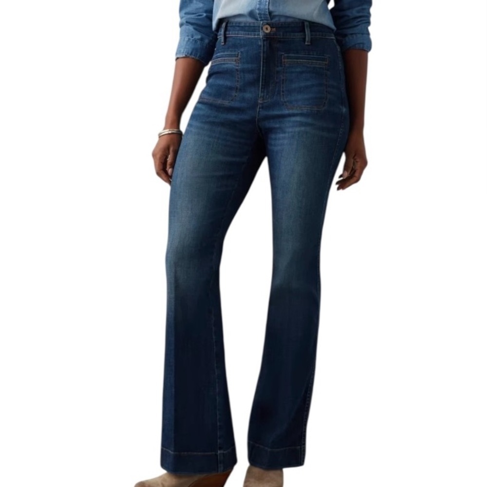 J Jill High Rise Flare Jeans Womens 10P Dark Wash Patch Pocket Stretch Modern